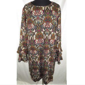 Tacera Woman Medallion Print Long Flared Sleeve Knee Length Dress, Plus Size 3X